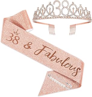 38th Birthday Sash and Tiara for Woman, Rose Gold Birthday Sash Crown 38 & Fabulous Sash and Tiara for Woman, 38th Birthday Gifts for Happy 38th Birthday Party Favor Supplies