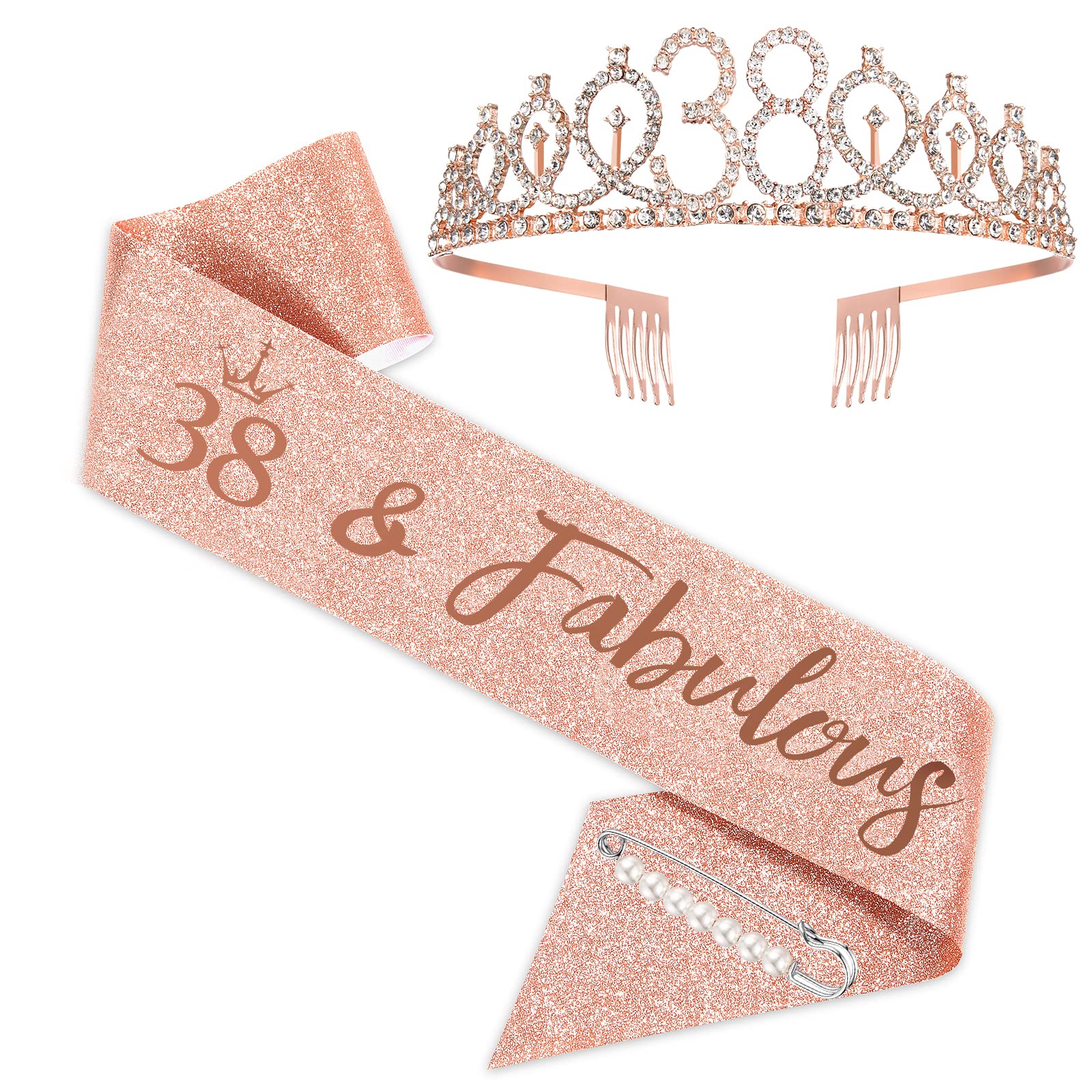 BRT Bearingshui Fabulous Sash and Tiara for Woman, Rose Gold Tiara & Sash for 38th Birthday Party