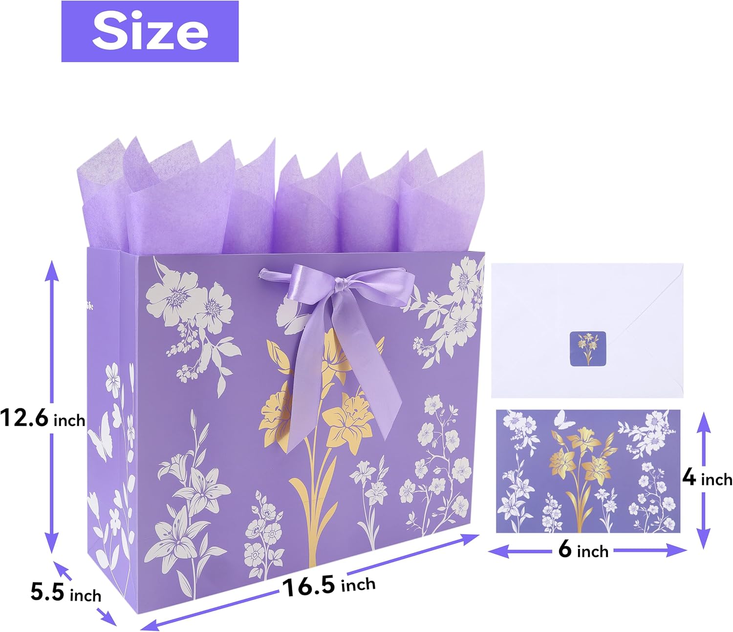 16.5” Extra Large Purple Gift Bag Set with Handles, Greeting Card, Tissue Papers and Stickers for Women Girls, Celebrating Birthdays, Mother's Day, Weddings, Anniversaries, Gold Foil Tree Design, 1 Pcs image 2
