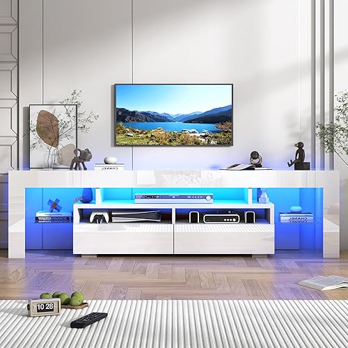 Miniatura 11 de Soporte de TV con luces LED de 16 colores, consola multimedia con cajón y estante abierto de vidrio para TV de 60/65/70 pulgadas, centro de