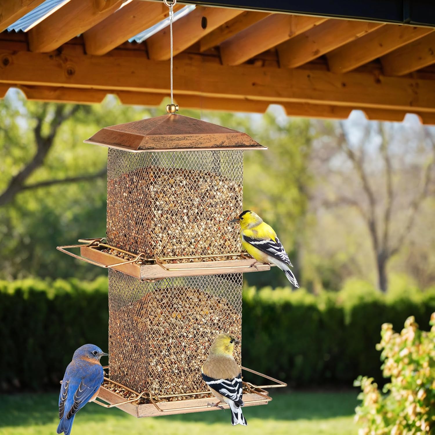 Large Bird Feeder, Double Tier Metal Bird Feeders for Outdoors, Square Tower Birdfeeder for Decorating Courtyard, Garden, Birds Watching, Gifts