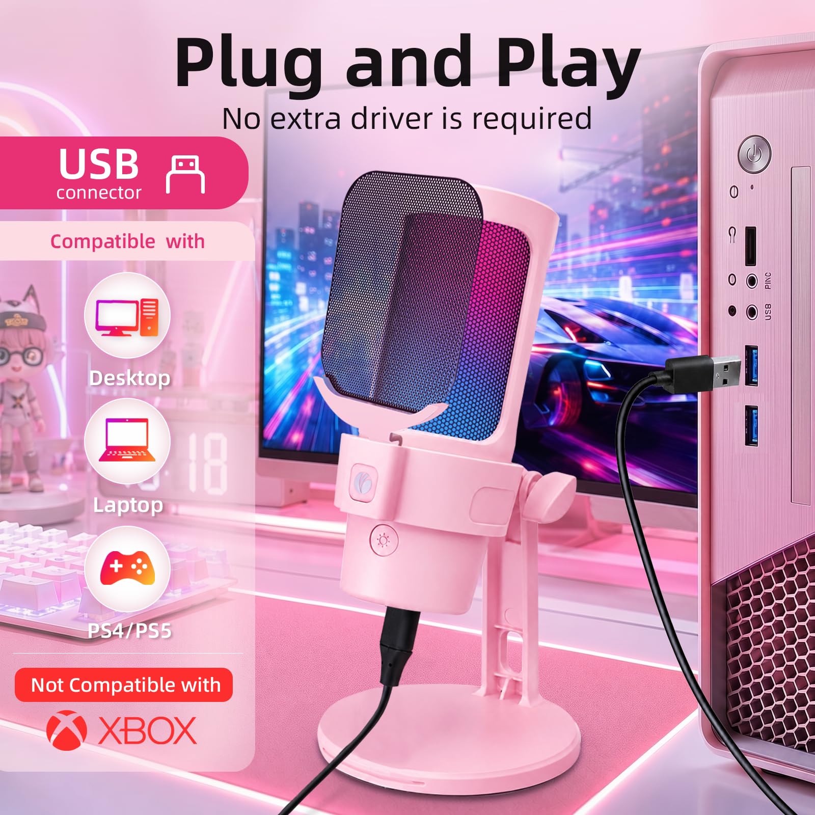 VCOM Microfono USB per PC, microfono da gioco RGB con pulsante mute, filtro pop, supporto antiurto, manopola di guadagno, microfoni a condensatore per giochi, podcast, streaming, registrazione, rosa