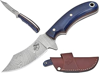 Knives Ranch Handmade Damascus Steel Knife Full Tang Little-finger Skinner with Blue Dyed Cattle Bone Handle and Fine Quality Horizontal Cowboy Crossdraw Sheath Snug Fit (2085-BLU) - Knives Ranch