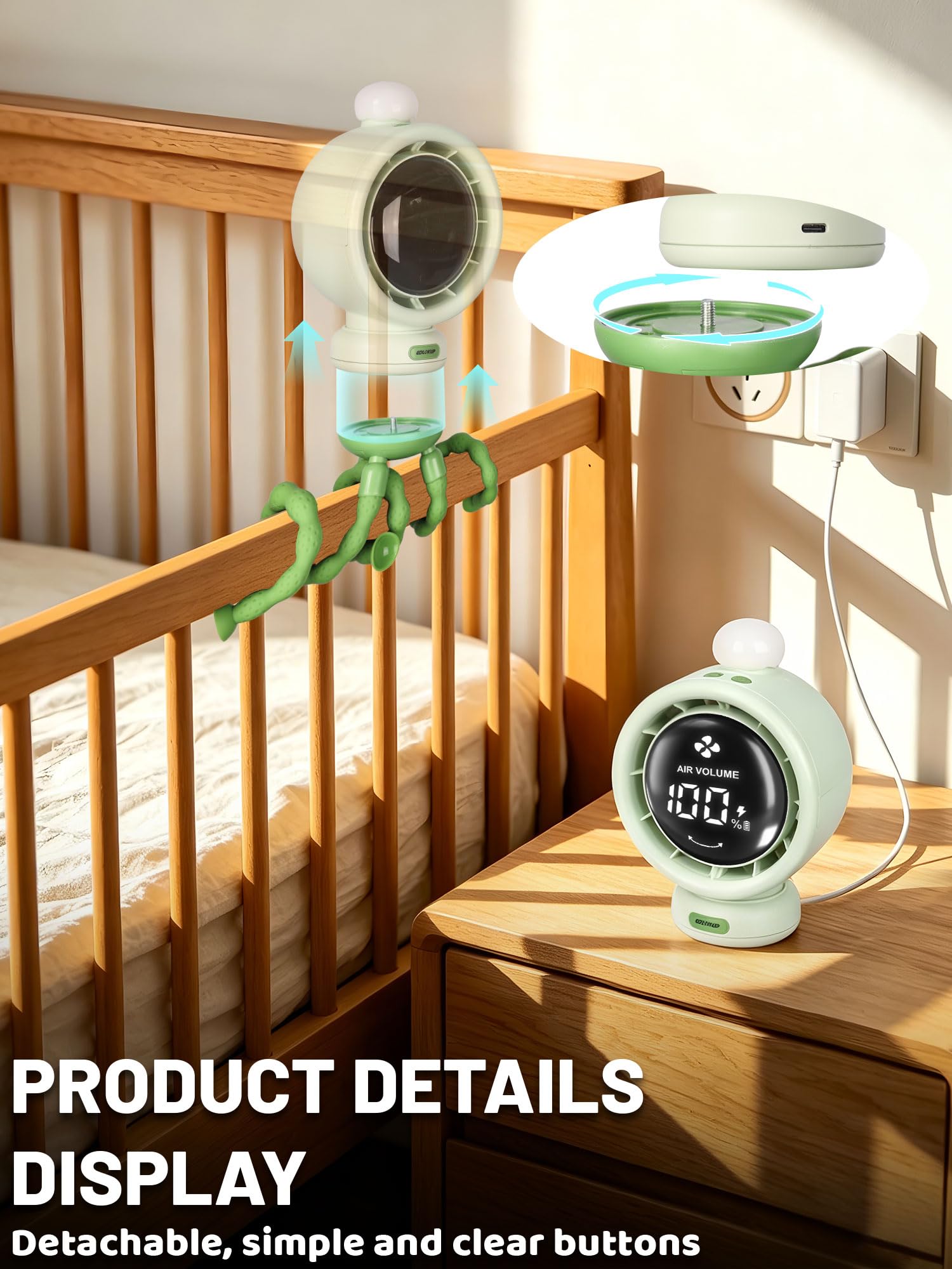 Mini ventilatore portatile per passeggino, oscillazione automatica, velocità continua, display, luce notturna a LED con clip sui ventilatori, accessori per passeggini alimentati a batteria, verde