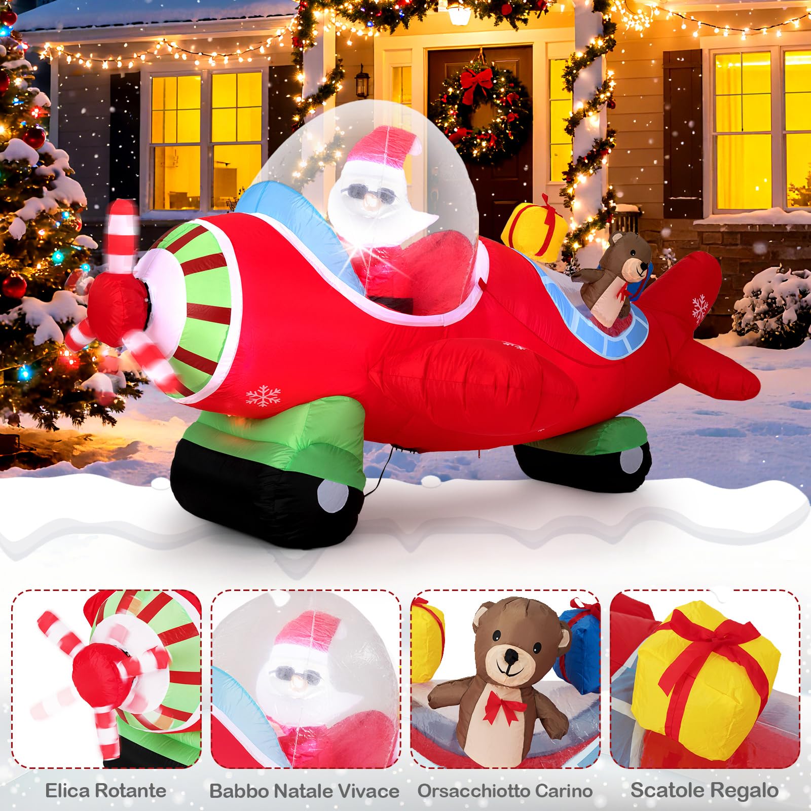 COSTWAY Babbo Natale Gonfiabile su Aereo 120 cm, Decorazione Natalizia da Esterno con Orsetto, Scatole Regalo e Luci LED, Decorazione Gonfiabile Invernale per Festa, per Giardino, Cortile e Casa