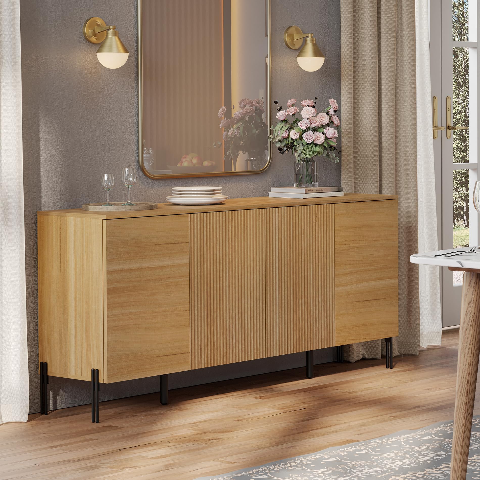 WAMPAT Fluted Buffet Cabinet with Storage, 61" Kitchen Storage Sideboard, Wood Coffee Bar Console Cabinet with Doors and Shelves for Living Room,