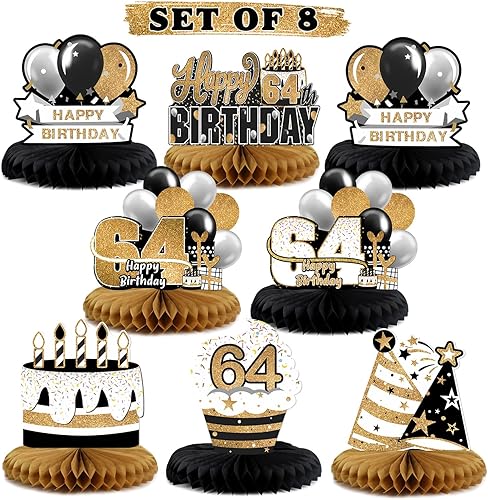 Miniatura 157 de LINGTEER Decoración feliz 50 cumpleaños negro y dorado de papel para mesa - Juego de centros de mesa con estrella de pastel y globo, 8 piezas