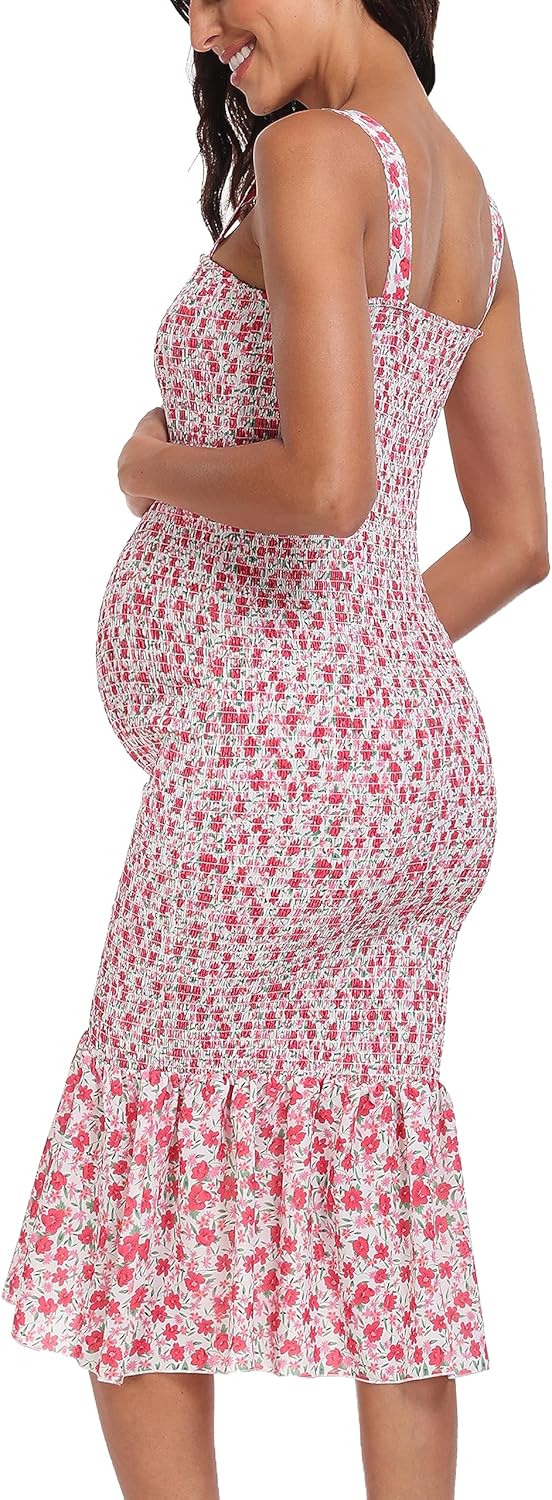 Summer Tank Maternity Dress Sleeveless Strappy Floral Midi Bodycon Square Neck Ruffle Mermaid Smocked Dress for Baby Shower - Image 4