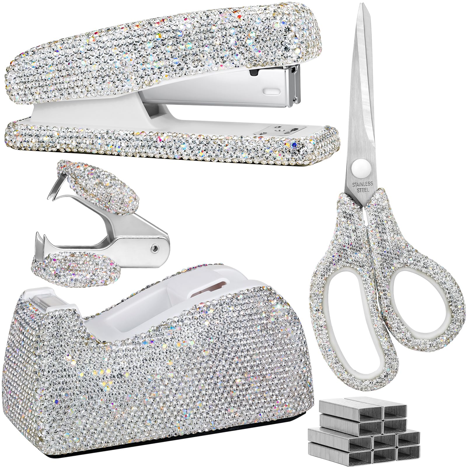 SlowVibes Bling White Stapler, Tape Dispenser, Scissors & Staple Remover