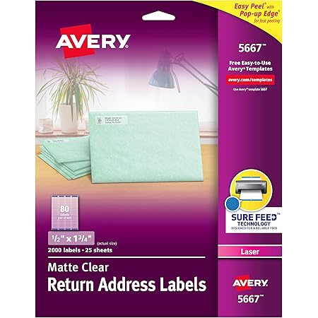 Avery Clear Easy Peel Return Address Labels For Laser Printers 1 2 X 1 3 4 Pack Of 2 000 5667 Amazon Co Uk Office Products Avery Clear Easy Peel Return Address Labels For Laser Printers 1 2 X 1 3 4 Pack Of 2 000 5667 Amazon Co Uk Office Products
