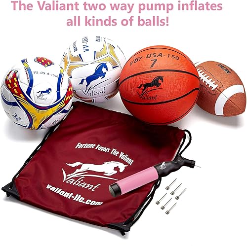 Miniatura 10 de Valiant Inflador de bola deportiva con 5 agujas y bolsa, bomba de aire portátil de doble acción con pasadores para inflar pelota de fútbol, fútbol,