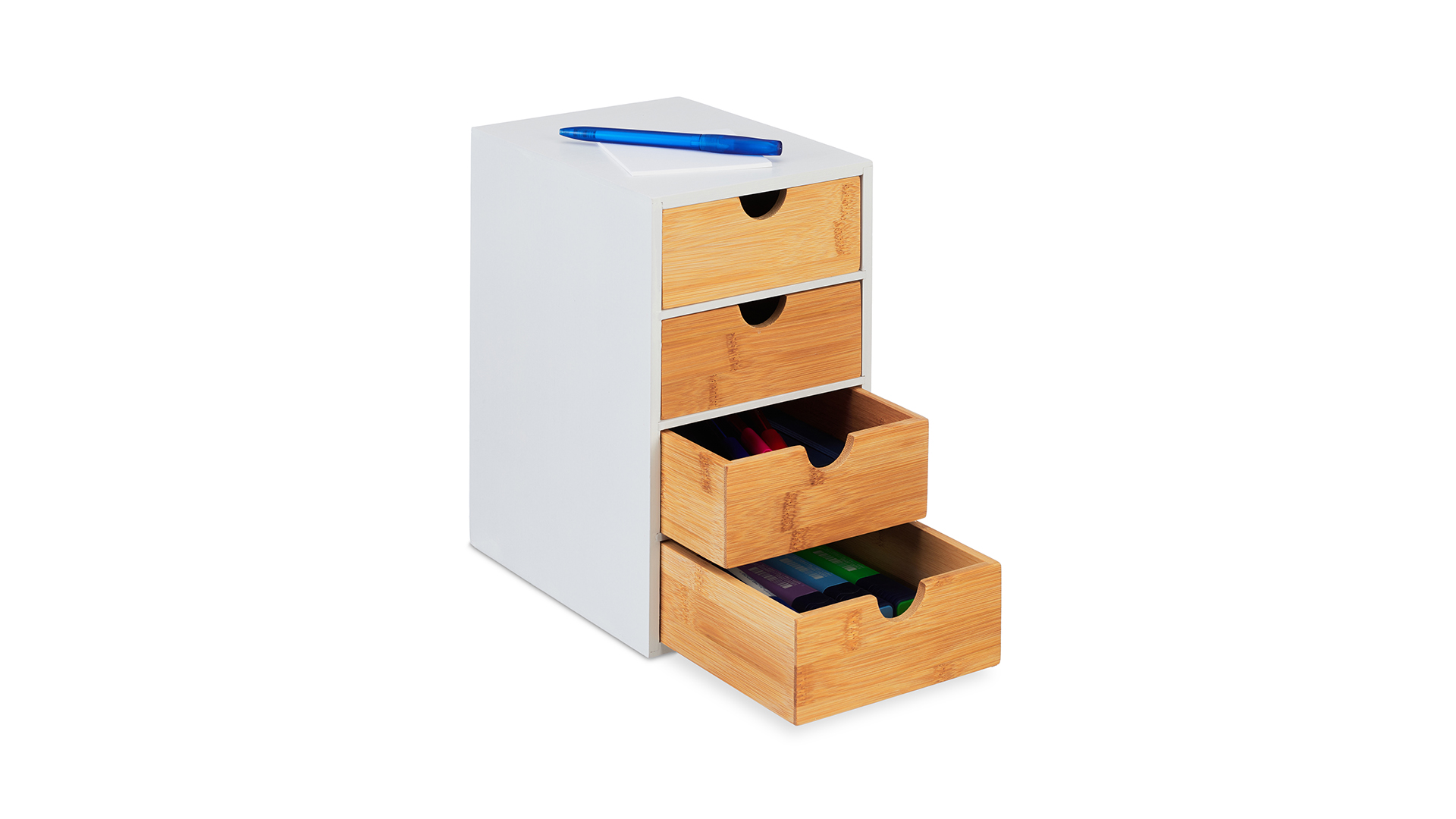 Organizer Da Scrivania Relaxdays Con 4 Cassetti In Bambù E MDF Bianco – 27,5x16,5x21 Cm Per Ufficio, Cucina E Bagno