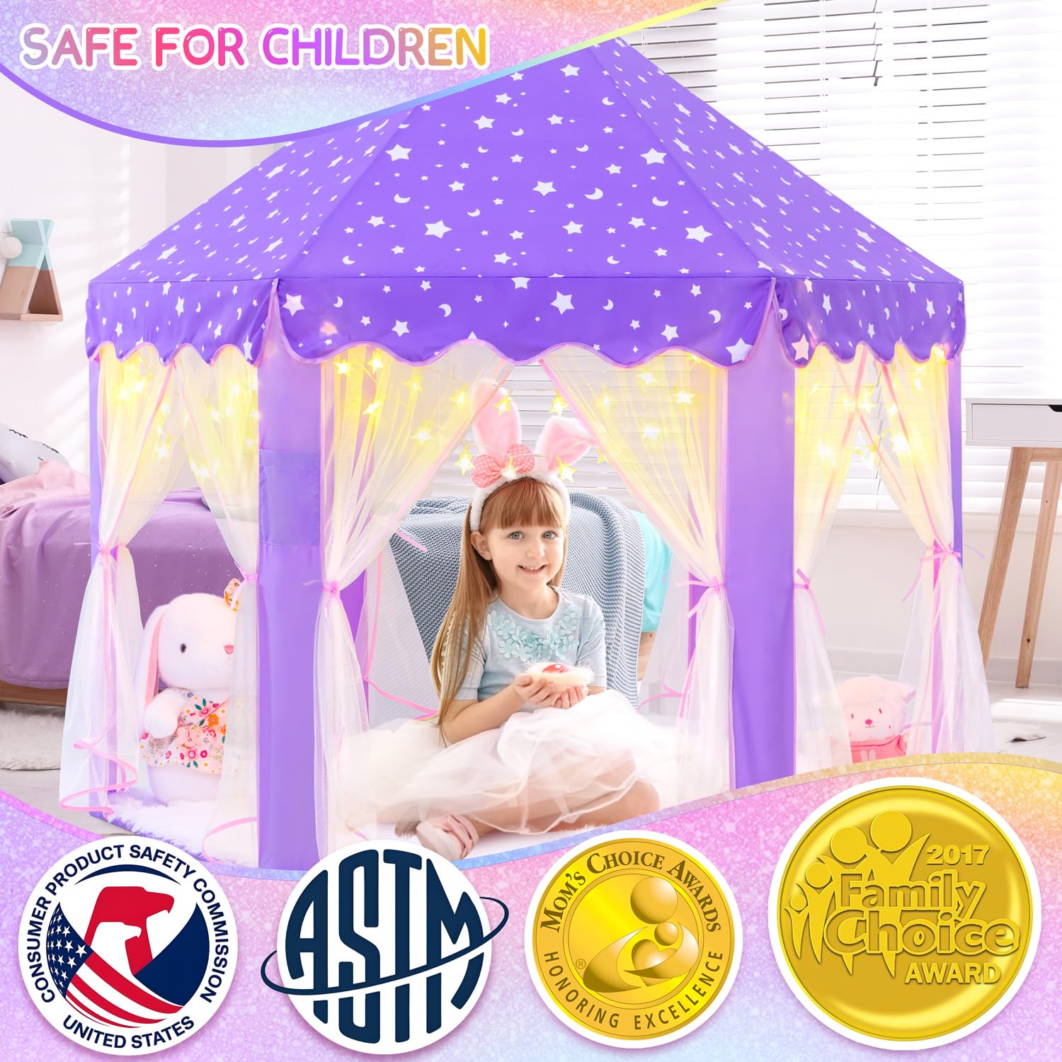 EVOIONOS Purple Tent for Girls, Kids Tent Indoor, Princess Tent with Star Lights, Girls Play Tent, Princess Castle Playhouse Tent, Little Girls Lavendar Tent, 55x53 Princess Tent for Girls