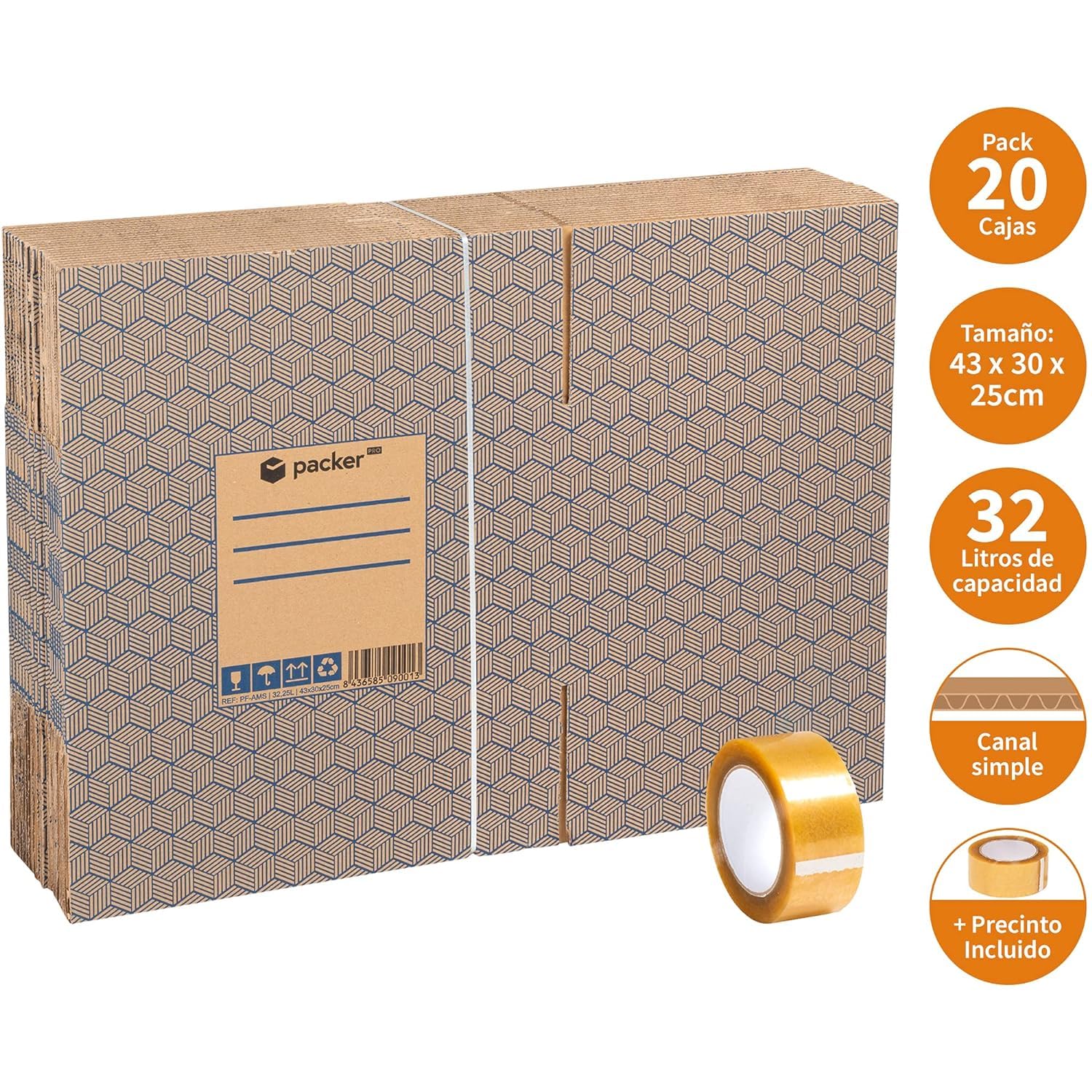 packer Pro Packung mit 20 Kartons für Umzüge und Aufbewahrung, sehr robust, mit Griffen und Klebeband, 430 x 300 x 250 mm