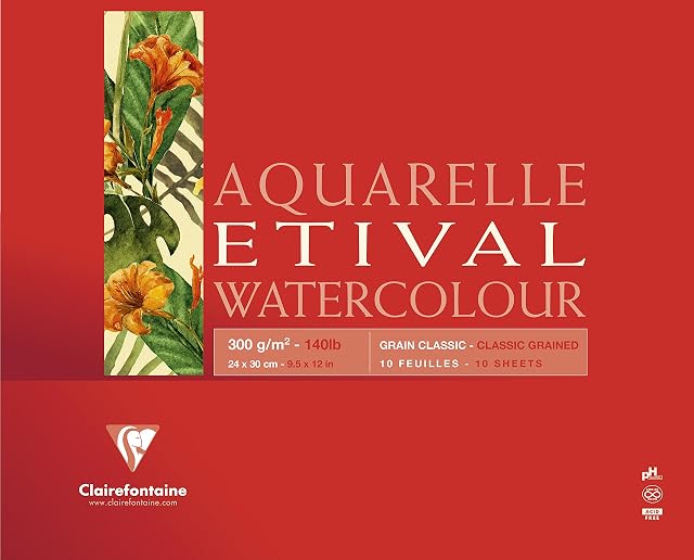 Clairefontaine - Ref 96396C - Etival Classic Grained Glued Watercolour Painting & Drawing Pad (10 Sheets of Paper) - 24 x 30cm - 300gsm Cellulose Art Paper