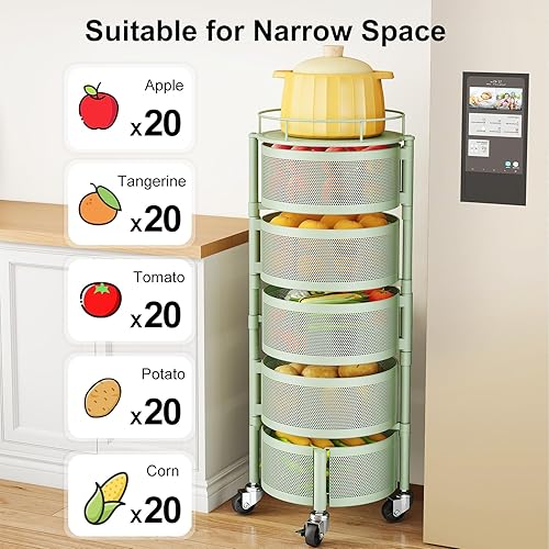 Miniatura 7 de SAYZH Cesta de frutas y verduras para cocina, estante de almacenamiento giratorio, carrito rodante de 5 niveles con tapa superior, cesta de alambre