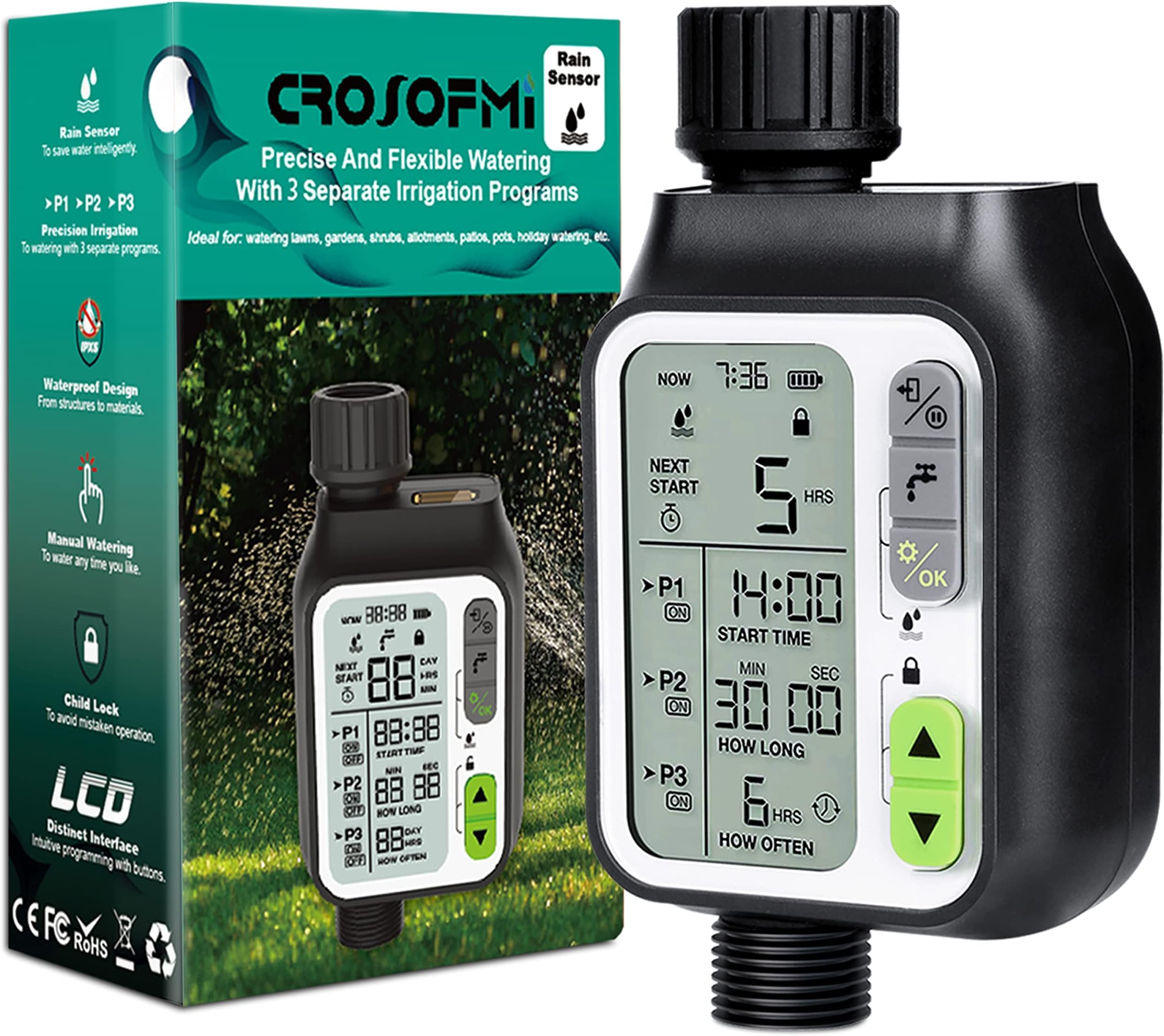 CROSOFMI Sprinkler Timer,Water Timer with 3 Separate Watering Programs and Rain Auto Sensor Function,Garden Lawn Hose Faucet Timer Irrigation System Controller/Child Lock/Rain Barrel/3.5' HD Screen