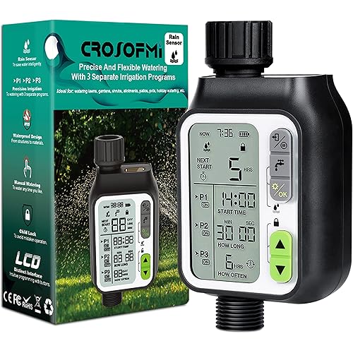 CROSOFMI Sprinkler Timer,Water Timer with 3 Separate Watering Programs and Rain Auto Sensor Function,Garden Lawn Hose Faucet Timer Irrigation System Controller/Child Lock/Rain Barrel/3.5' HD Screen