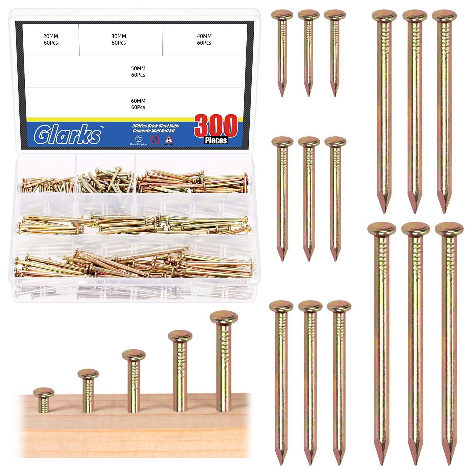 Glarks 300pcs 20/30/40/50/60mm Brick Steel Nails Kit, Colored Zinc Carbon Steel Hardware Nails, Finishing Nails