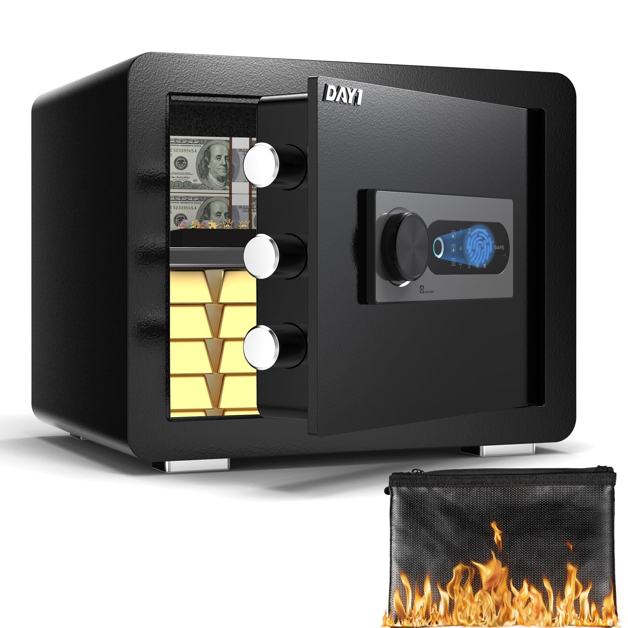 DAYI Biometric Fingerprint Safe Box, 0.8 Cubic Feet Home Safes with Fireproof Bag, Digital Touchpad Security Safe for Money Cash Documents, Dual Alarm System - DF-25