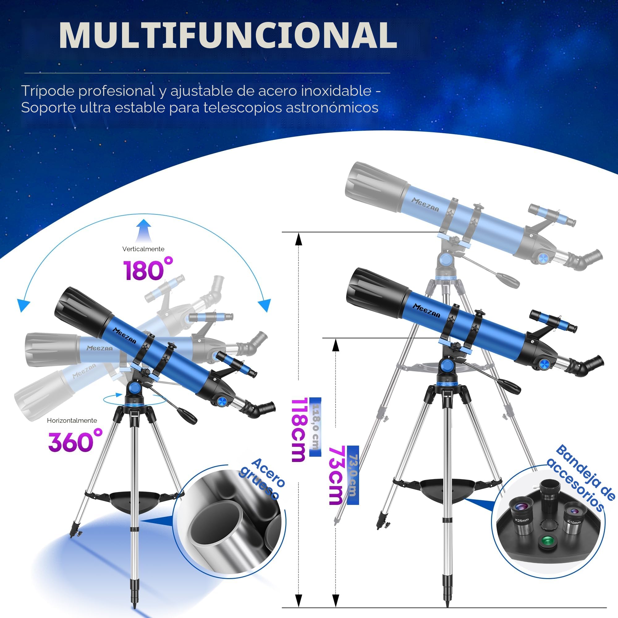 MEEZAA Telescopio, Telescopio Astronómico Profesional para Adultos Niños y Principiantes, 90 mm Apertura 800 mm Telescopios Refractor Portátil con Trípode, Bolsa, Adaptador de Teléfono y Filtro Lunar