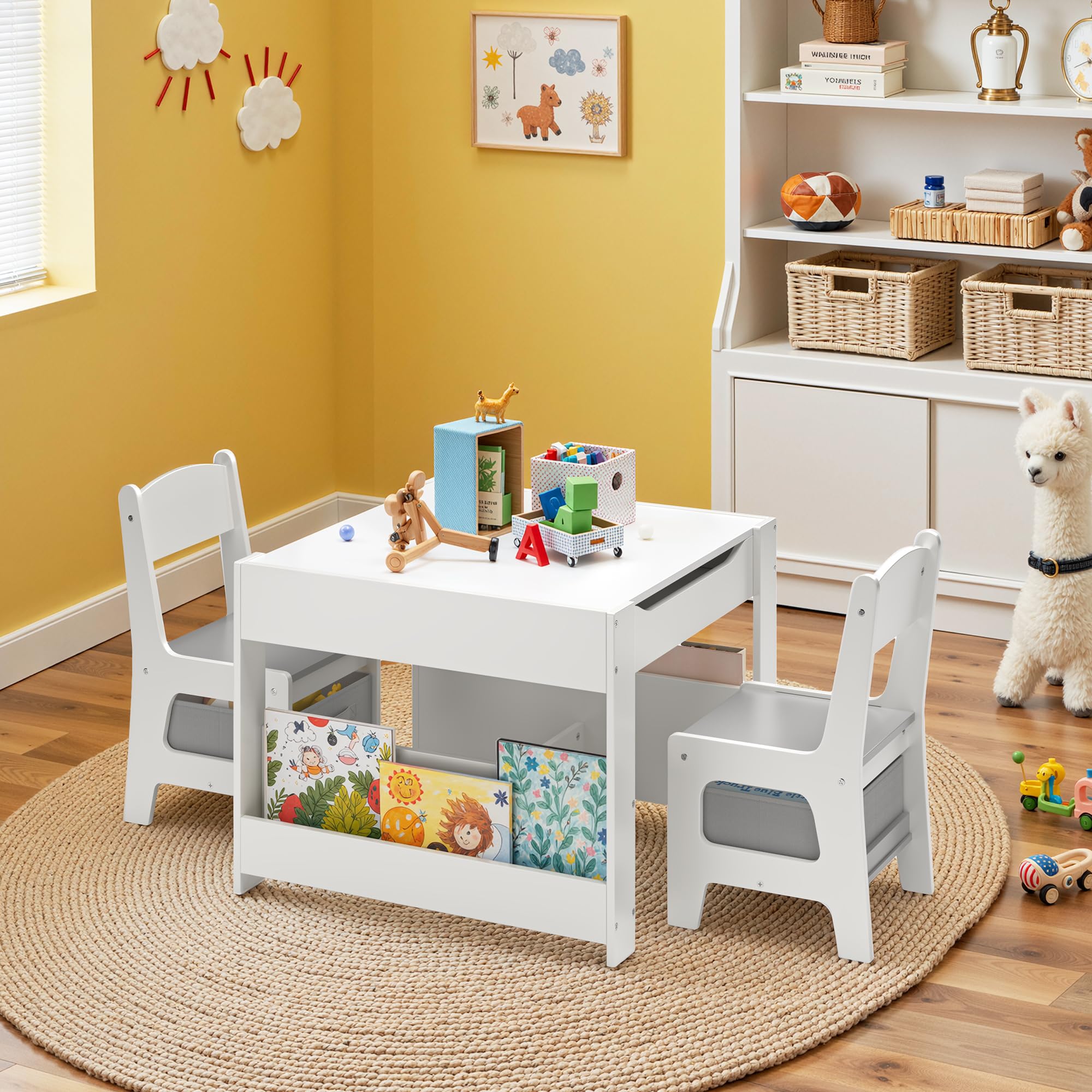 Xbro Mesa y Sillas Infantiles, Mesa con Pizarra y 2 Sillas, Niños Mesa con Reversible, Set de Muebles Infantil, Gris.