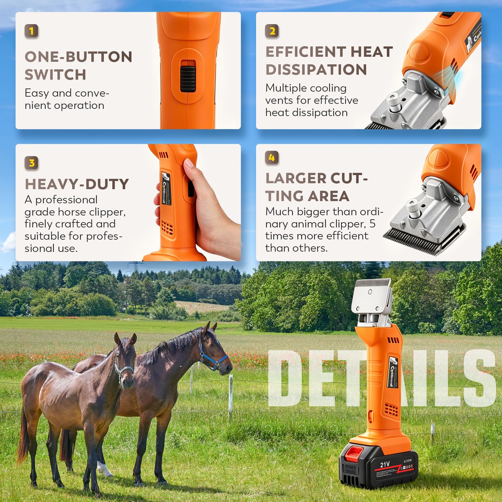 CGOLDENWALL Tondeuse pour Chevaux Sans Fil 690W 2800 tr/min 6 Vitesses 2×4000mAh 4h Autonomie