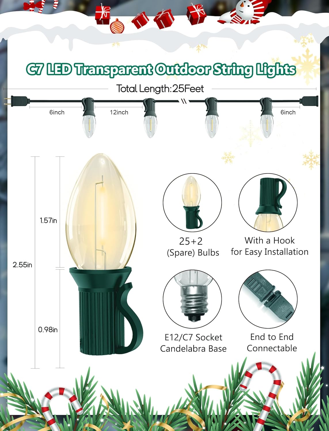 Abeja C7 Clear Christmas Lights, 25Ft C7 Christmas String Lights with 27 Clear LED Bulbs (2 Spare), Hanging Outdoor String Lights for Holiday, Party, Patio, Backyard Decoration