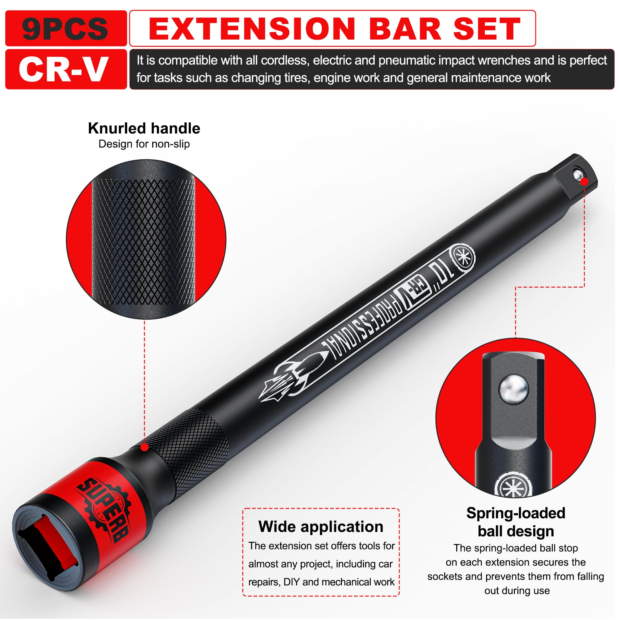 KIRXST 1/4" 3/8" 1/2" Impact Socket Extension Bar Set, 9 Piece Drive Extension Bar - Image 4