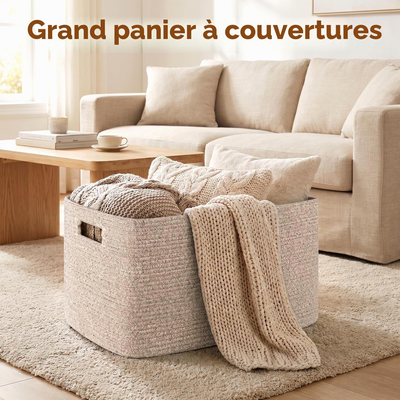 OIAHOMY Grand panier de rangement de couverture tissé avec poignée, panier en corde de coton pour organiser 55,9 x 43,2 x 30,5 cm, panier à couvertures, salon, panier à jouets pour chambre d'enfant