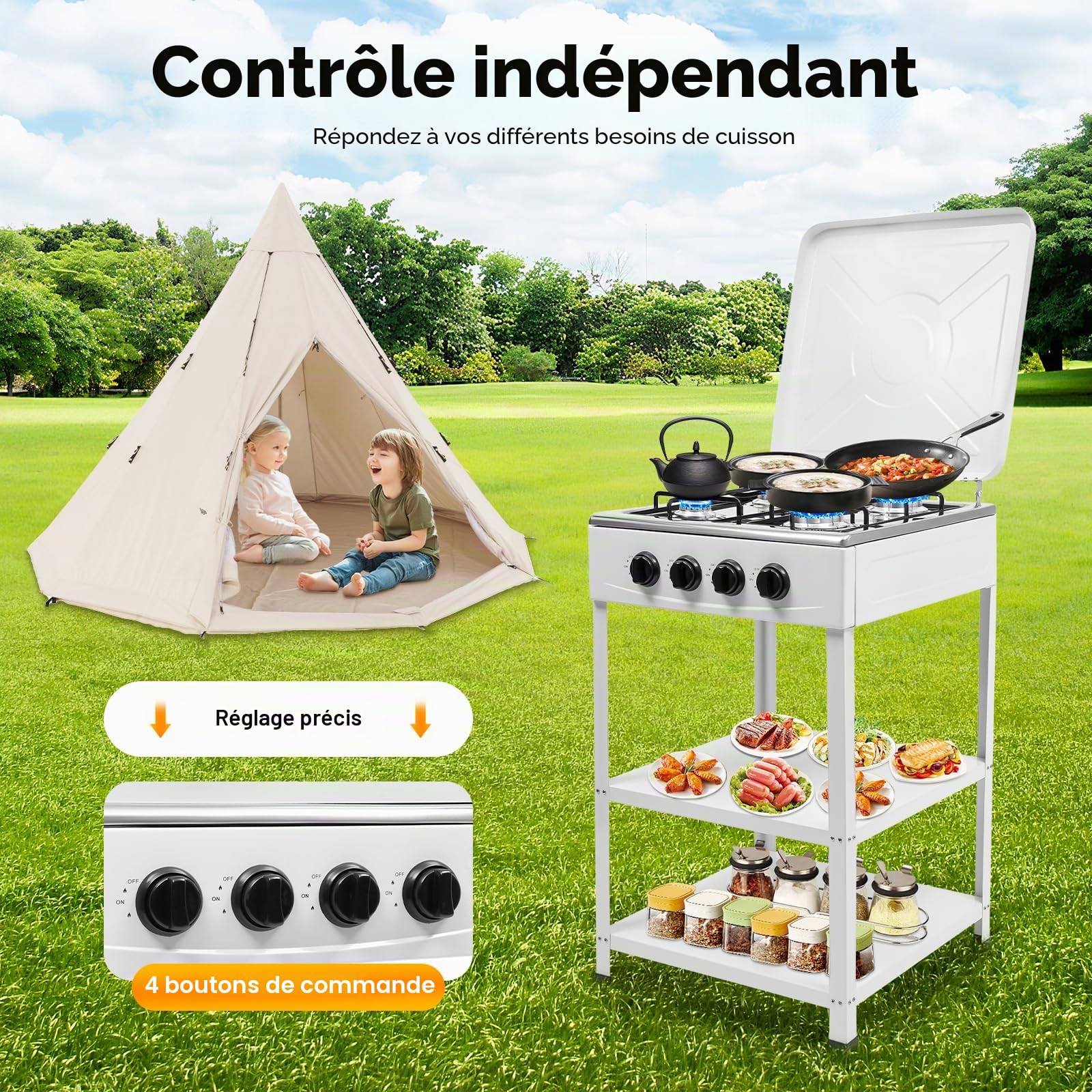 Cuisinière À Gaz 4 Feux Blanche, Réchaud De Cuisine Sur Pied Avec Couvercle Et Étagères, Compacte Et Robuste, Idéale Pour La Cuisine, Le Camping Ou Les Extérieurs, Facile À Nettoyer
