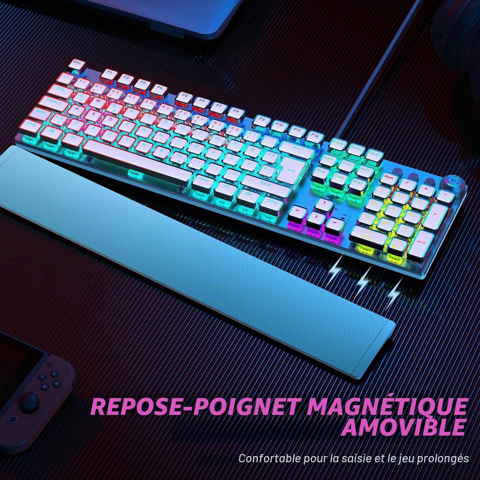 TECURS Clavier de jeu mécanique avec repose-poignet magnétique et commutateurs rouges, clavier filaire QWERTZ éclairé, 105 touches avec anti-ghosting et bouton rotatif multimédia pour PC/PS5/PS4
