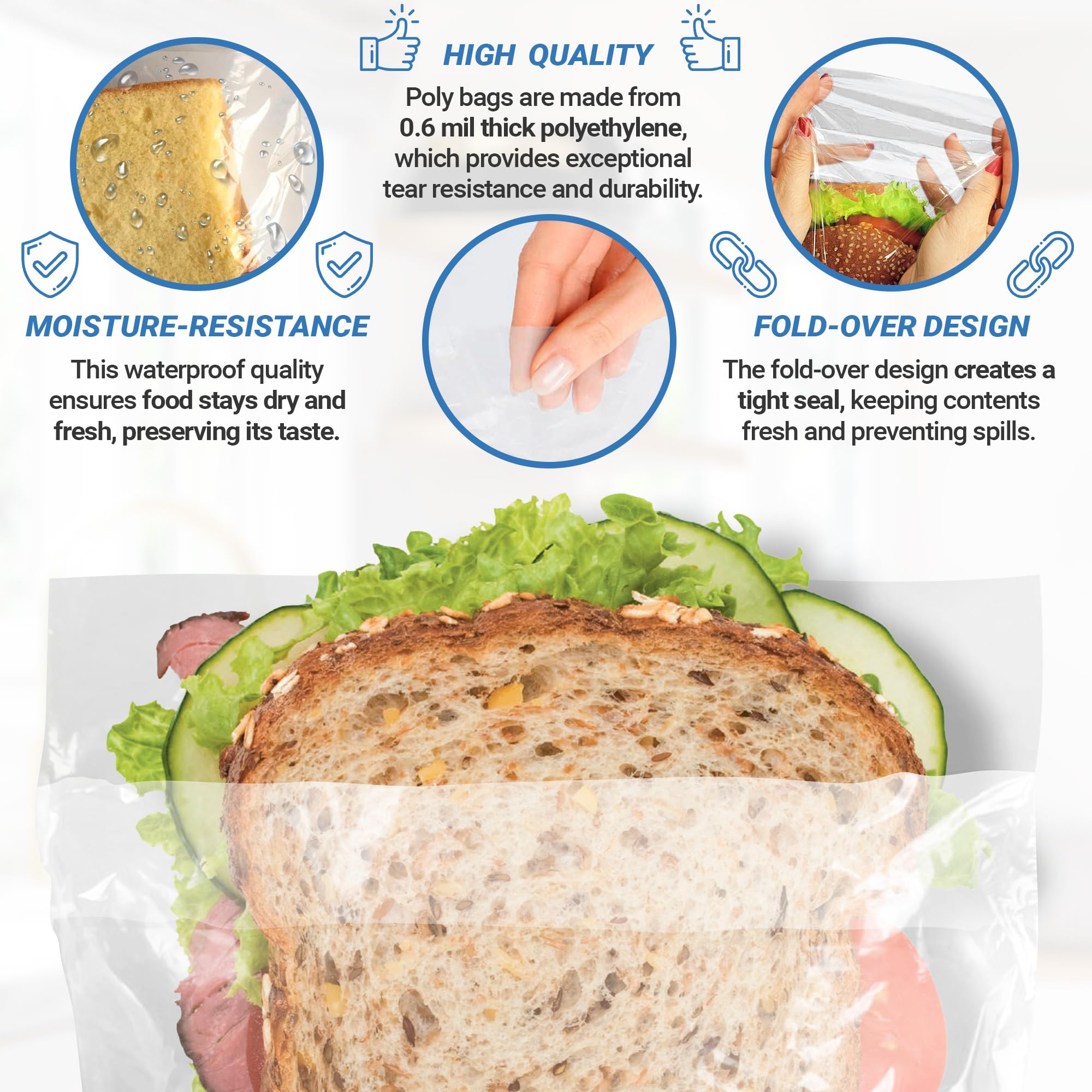 APQ - Sacchetti per sandwich in plastica con coperchio ribaltabile e labbra, 17,1 x 17,1 cm, confezione da 2000 sacchetti trasparenti per sandwich, spessore 0,6 mm, in polietilene, resistenti