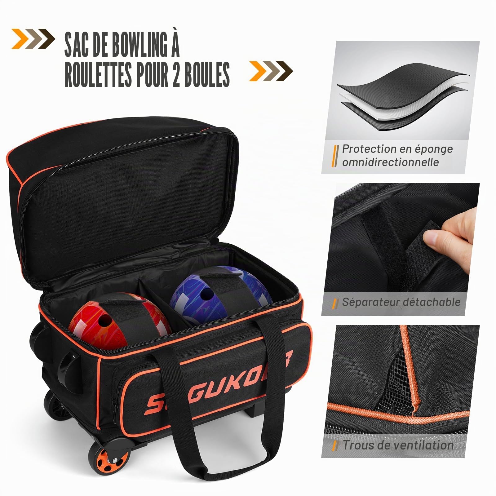 Sac de bowling à 2 balles à roulettes, chariot léger à double boule bowling avec grand compartiment à chaussures séparé et compartiment à accessoires extra large, poignée rétractable s'étend