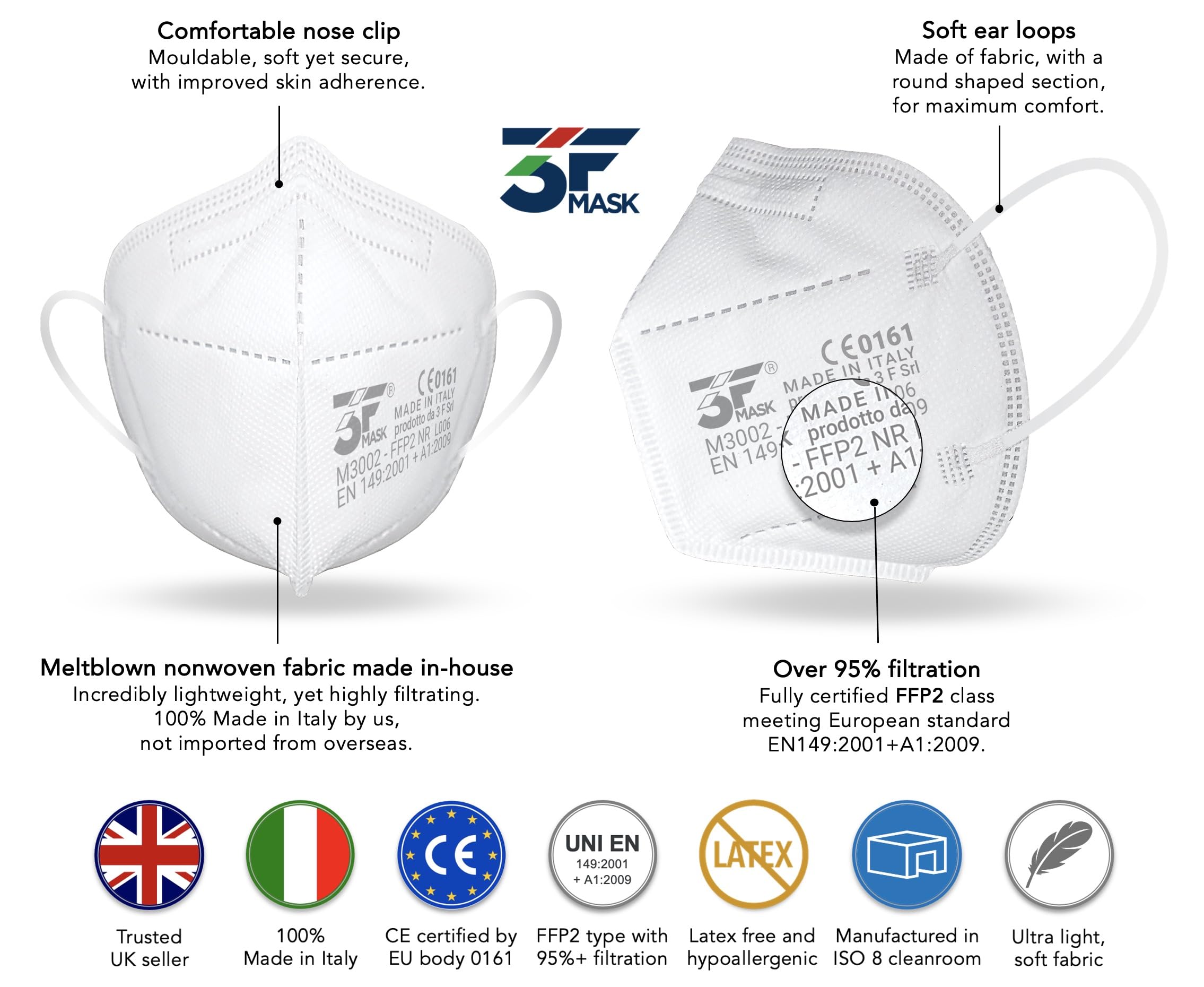 Lot de 50 masques FFP2 certifiés, fabriqués en Italie, emballés individuellement – ​​conformes à la norme UNI EN 149:2001+A1:2009 – couleur Blanche