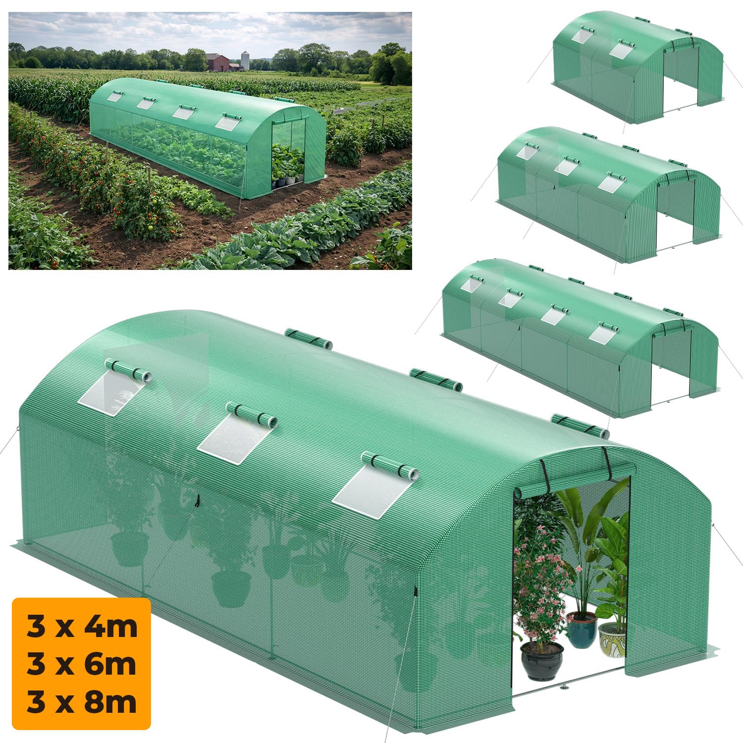 Szklarnia 300 x 600 x 200 cm, szklarnia warzywna z 6 oknami i 2 drzwiczkami z zamkiem błyskawicznym, 140 g/m² PE UV50+, osłona kotwy gruntowe i liny przeciwwiatrowe do stabilnego mocowania w