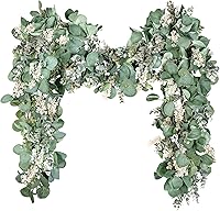 OuddyDecor 6.56ft Lush Eucalyptus Garland with Silver Dollar Leaves, Boxwood & White Buds - Faux Greenery Vines for Wedding, Baby Shower, Table Runner & Mantle Decor