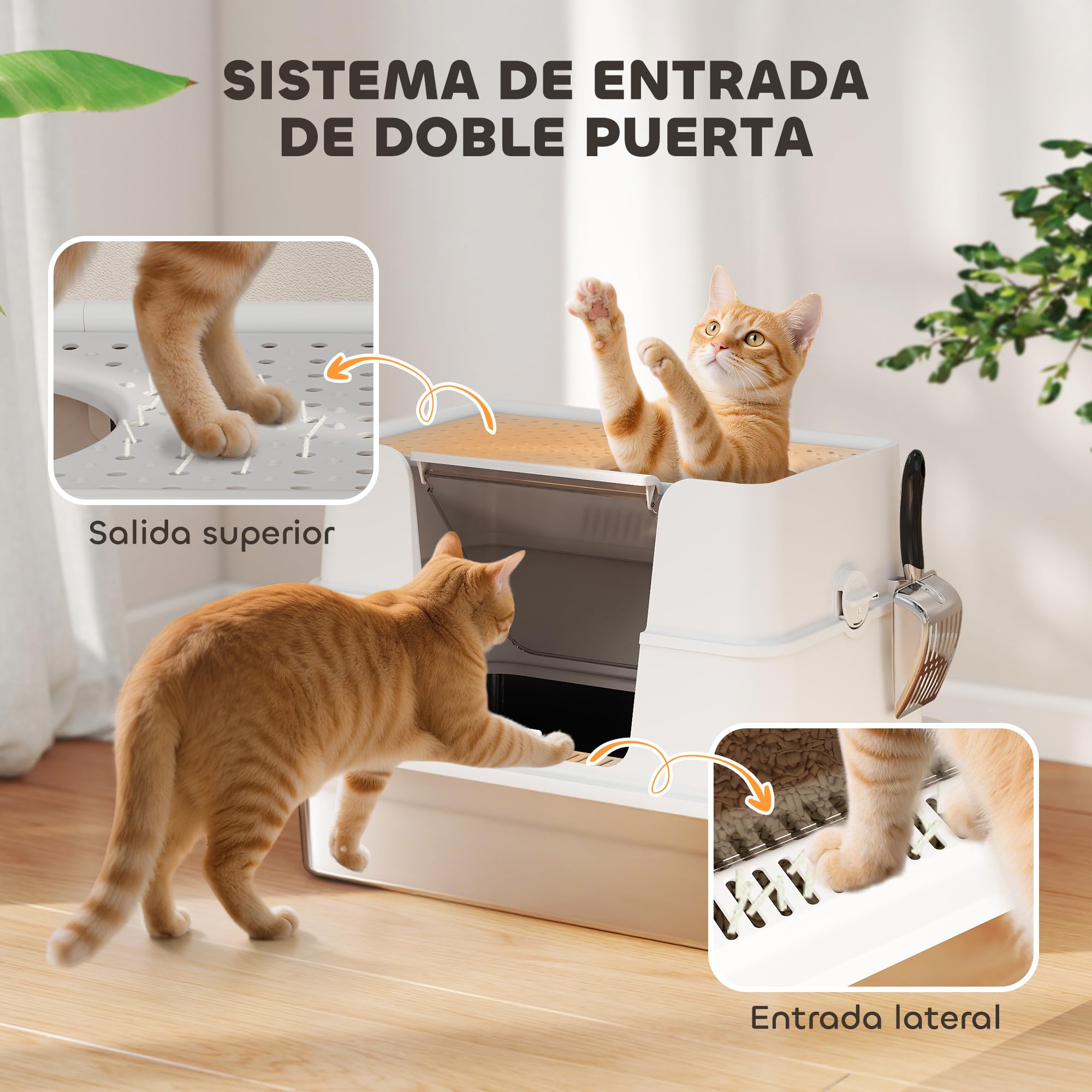 PawHut Arenero para Gatos Acero Inoxidable XL Gatos Grandes Gris Claro | Caja de Arena, Arenero con Tapa Abatible, Laterales Altos, Entrada Superior, Pala, sin Olores, Fácil de Limpiar, Antifugas