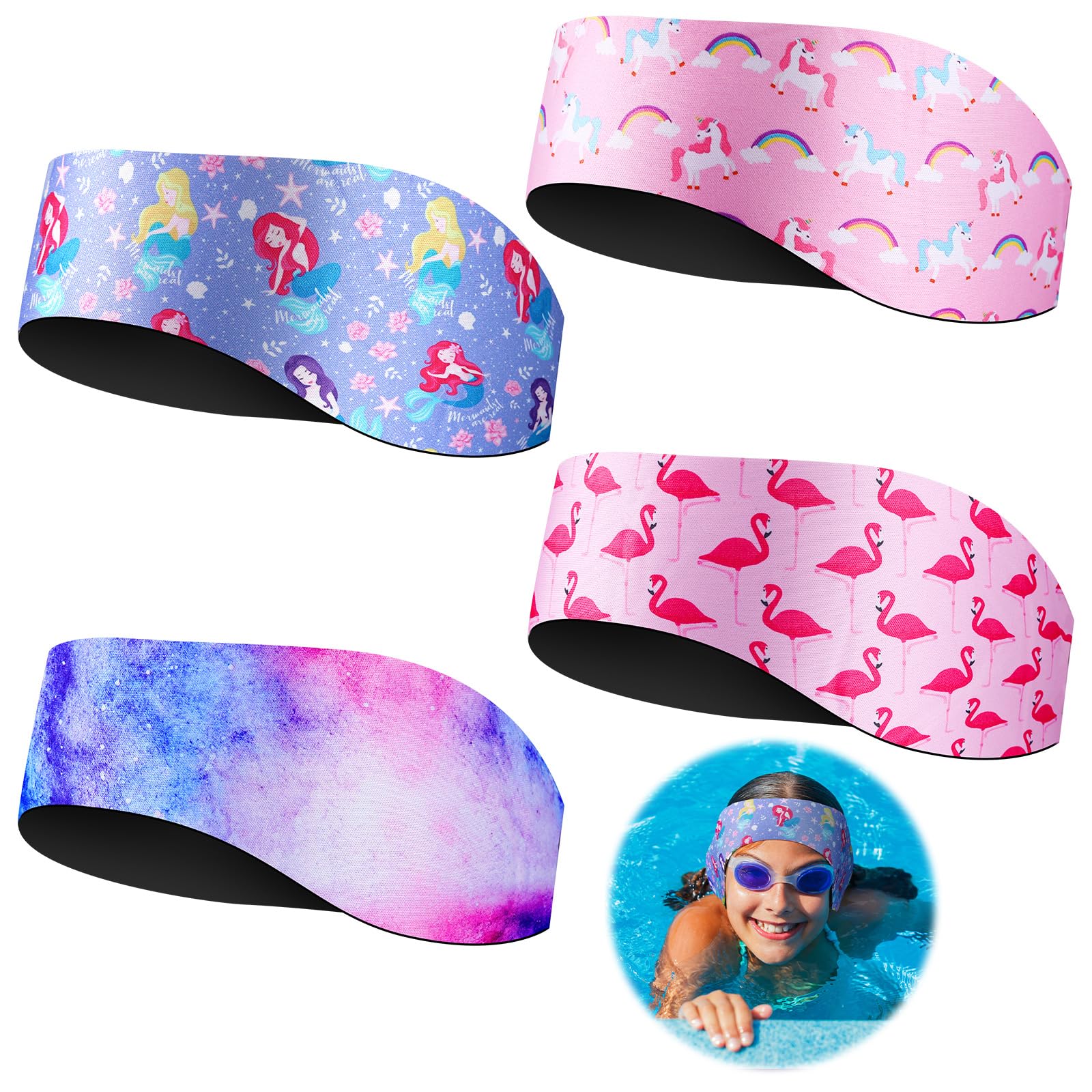 Zhanmai Adjustable Mermaid Style Waterproof Headbands - 4 Pieces Swimmer's Ear Covers for Kids (24 Inch)