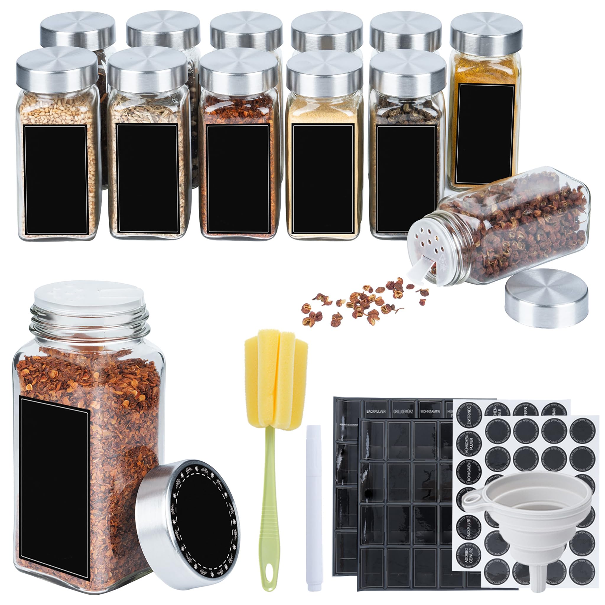 Aufun Square Glass Spice Jars 12 Pack Stainless Steel Lid with Labels
