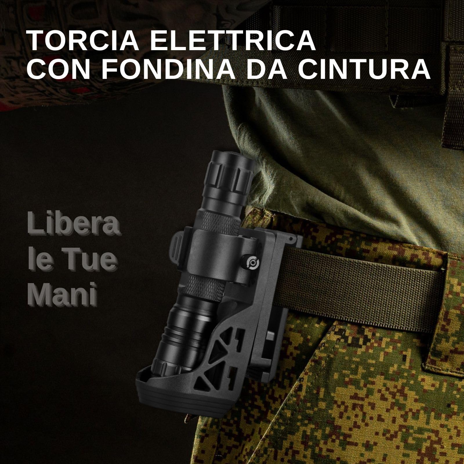 UltraFire Torcia tattica ricaricabile 1000 lumen 3 modalità fondina da cintura, torcia polizia sicurezza forze dell'ordine, campeggio attività all'aperto, WF-501BX