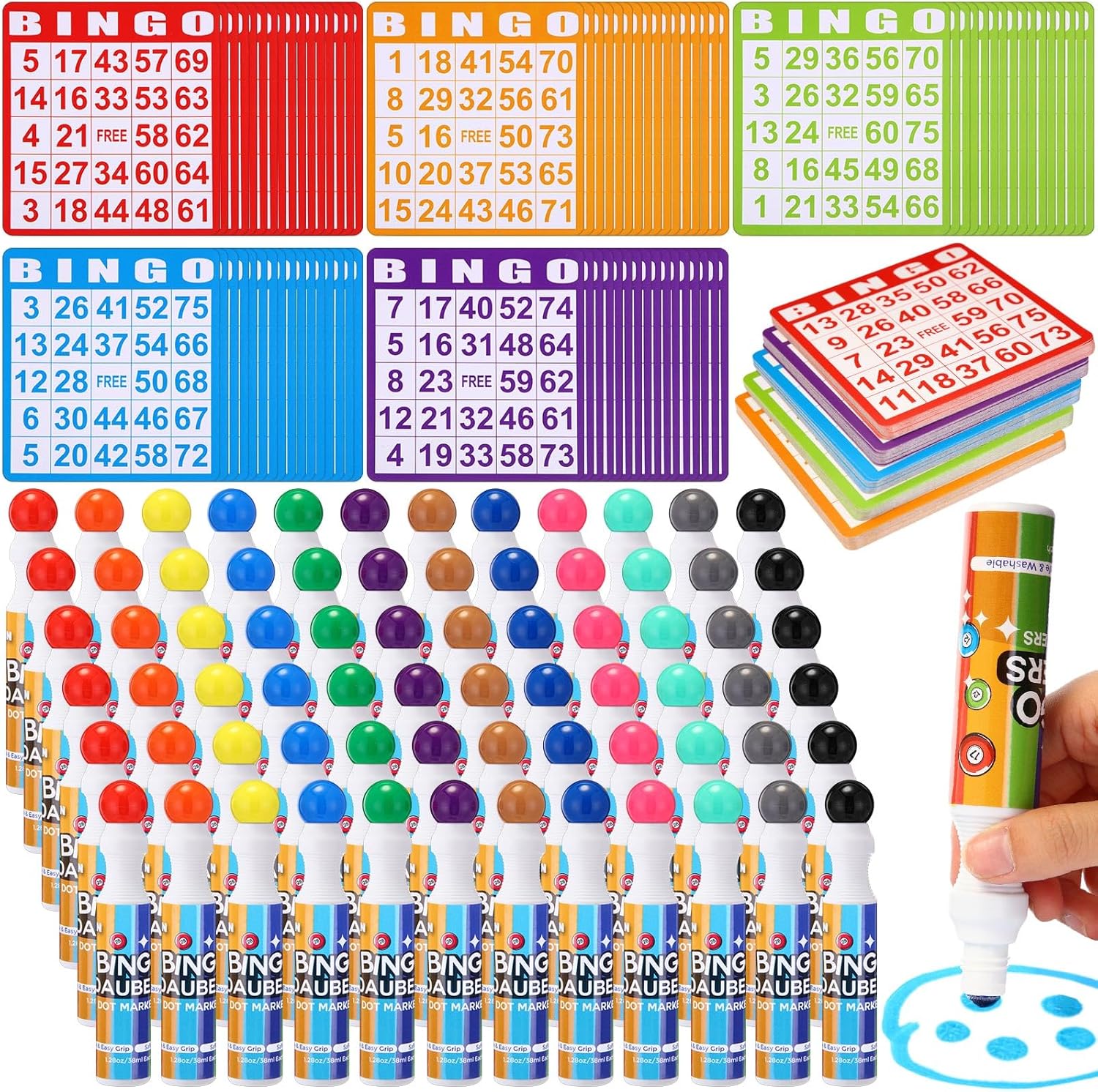 Crtiin Assorted Colors of Bingo Game Cards and Daubers Set Includes Bingo Paper Game Cards and Dot Markers Supplies for Family Gathering Activity, Large Groups, Parties, Games Night (1.28 oz)