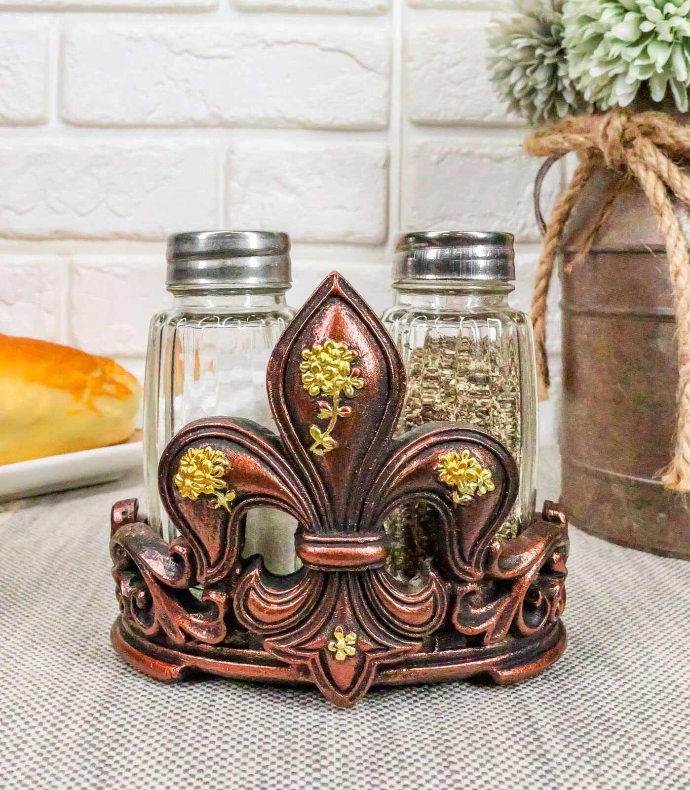 "Home Accents Gift" Western Tuscany Fleur De Lis Golden Flowers Salt And Pepper Shakers Holder Set - Home Decoration wrt-bn-10366