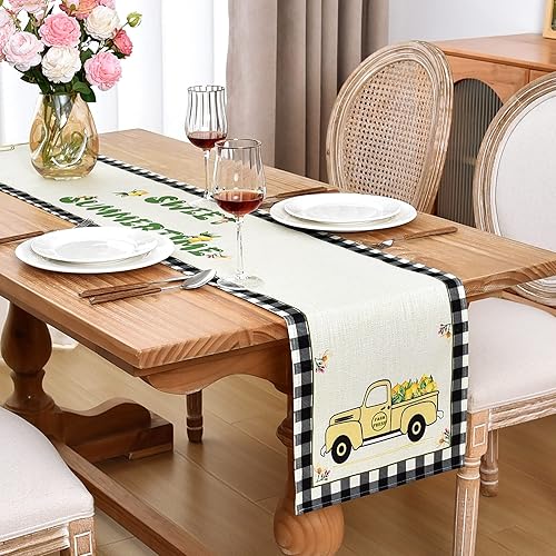 Miniatura 3 de Camino de mesa Sweet Summer Lemon CamionBuffalo Plaid Dresser para decoración de temporada, vacaciones, primavera, fiesta, 13 x 72 pulgadas