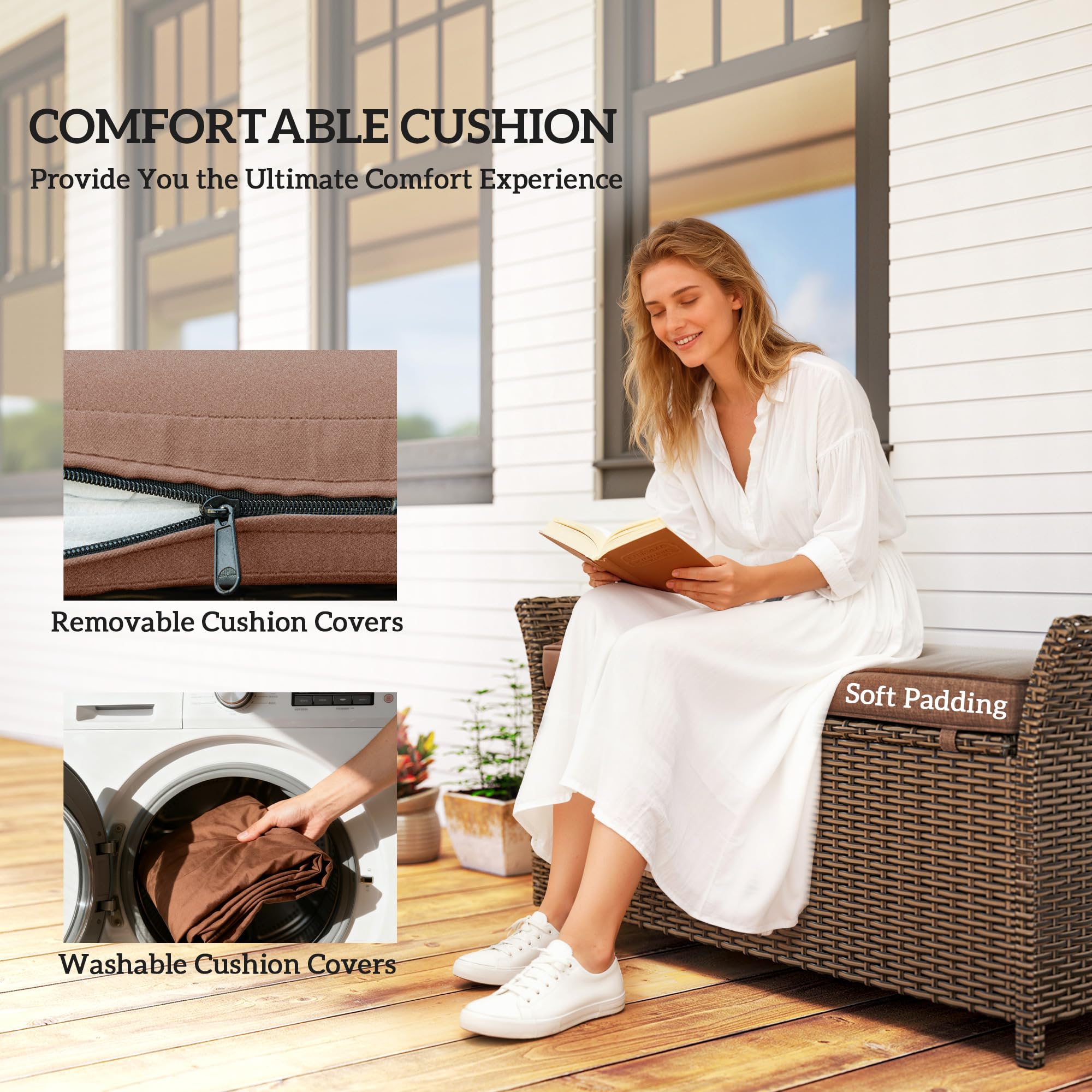 Outsunny 2-In-1 Patio Wicker Storage Bench, 29 Gallon Outdoor PE Rattan Patio Furniture, Large Capacity Rectangle Basket Box with Handles and Cushion, Tan - 4