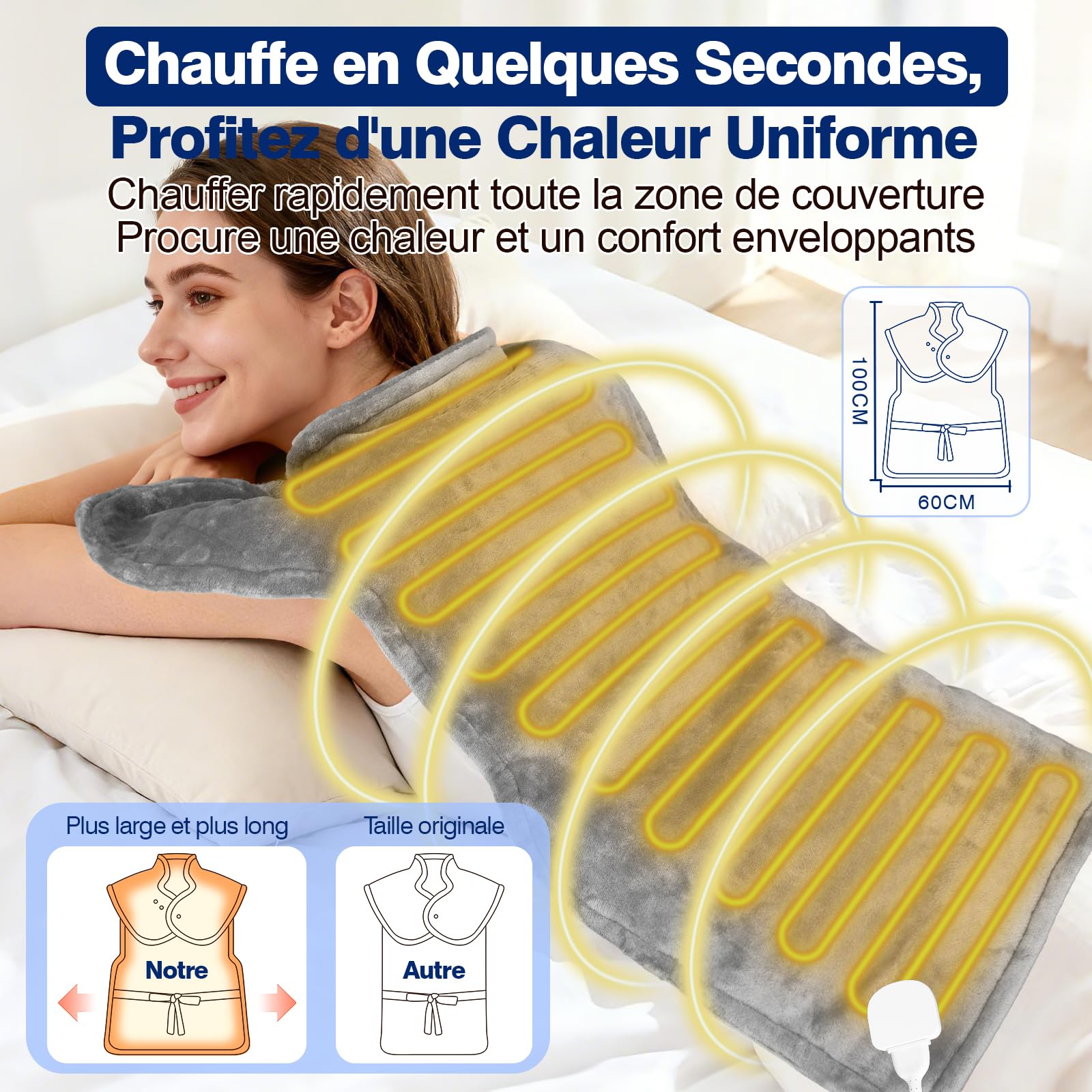Coussin Chauffant dos Electrique Epaule et Nuque 60×100 cm, 9 Niveaux de Chaleur, 4 RéGlages de Minuterie d'arrêt Automatique, Chauffe-dos, Chauffage Rapide, Flanelle, Lavable en Machine