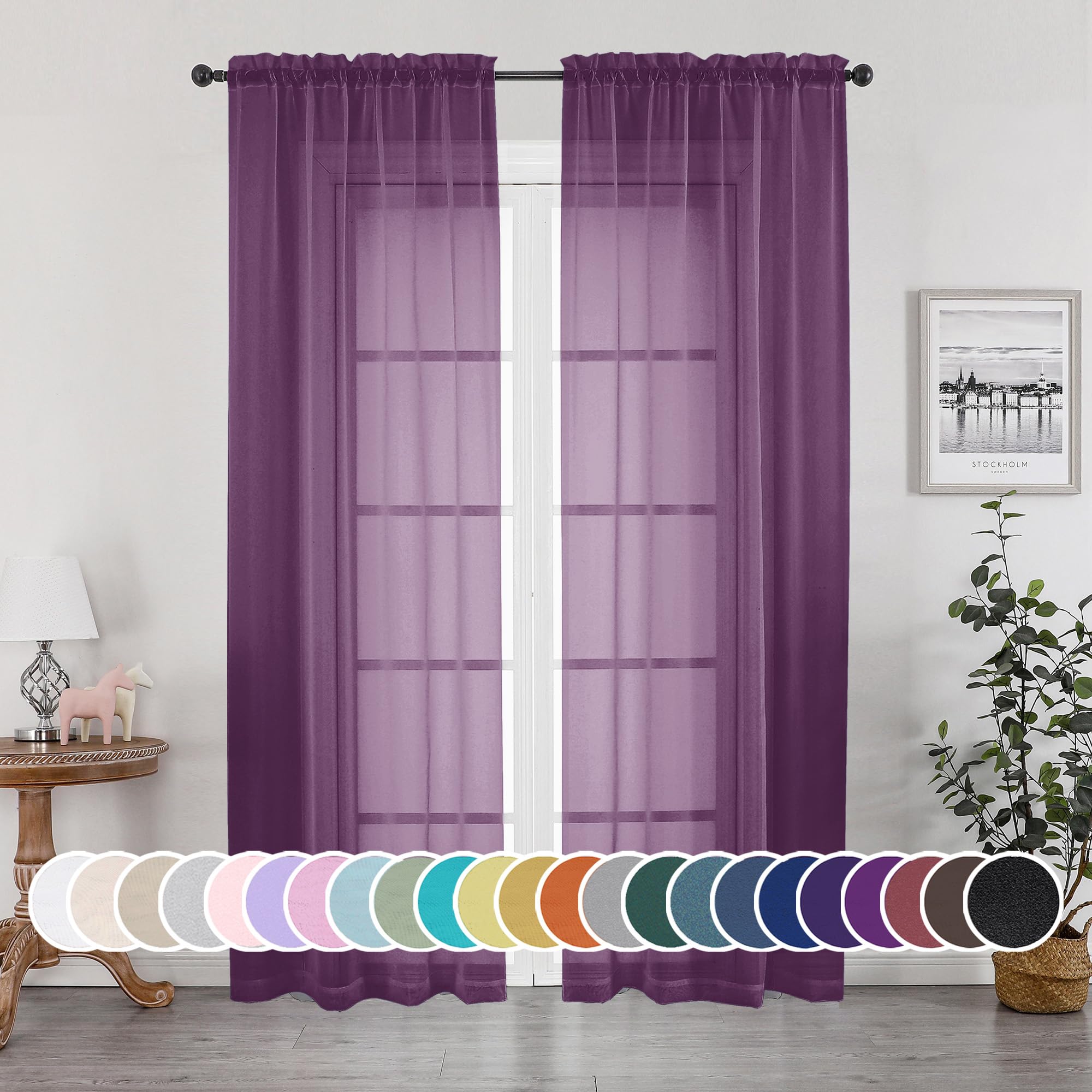 OWENIE Plum Sheer Curtains, Sheer Curtains 84 Inches Long 2 Panels Set, Rod Pocket Voile Fimly Sheer Drapes for Living Room Bedroom, 2pcs, Plum, Each 42" W x 84" L