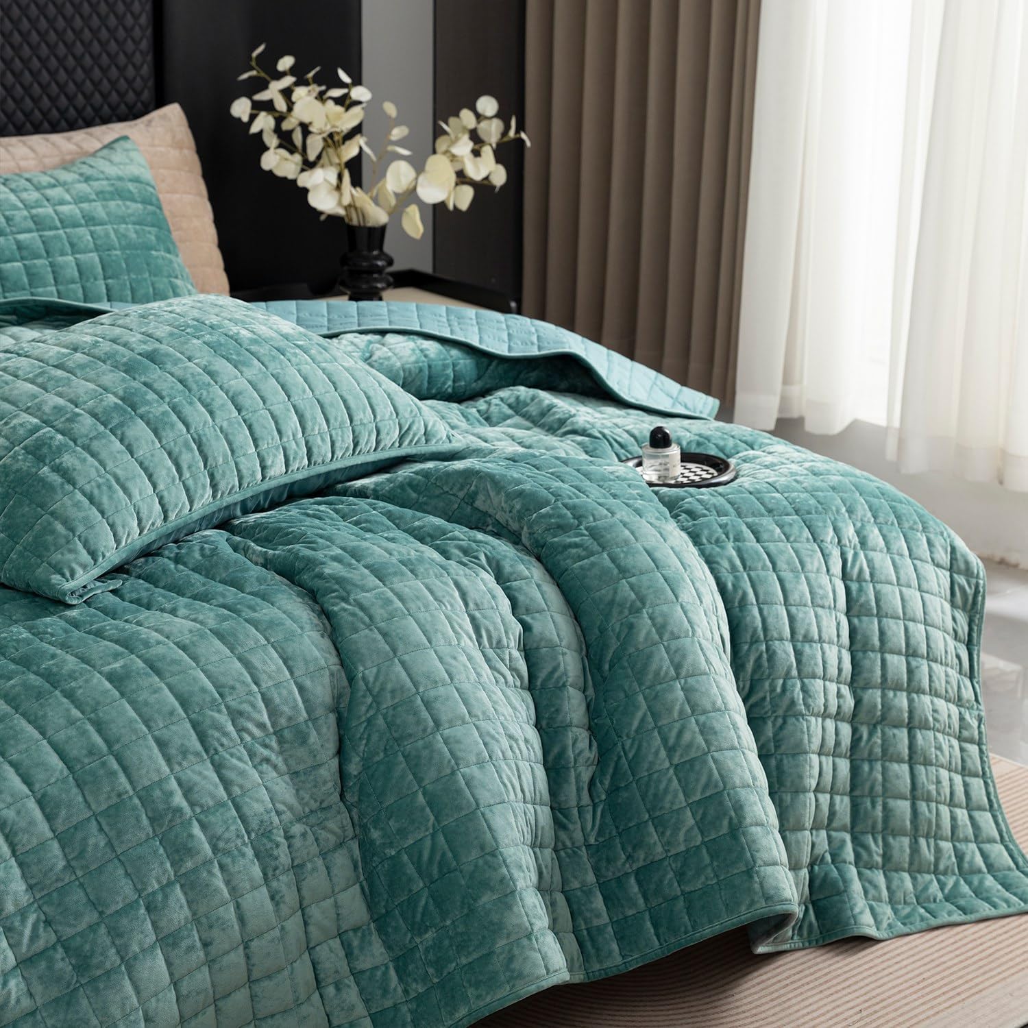 BOV Luxury Velvet Quilt Bedding Set Queen Size, Lightweight Comforter Bedspread Full Size Queen Coverlet Sets with Shams, Teal Green 92"x96" - Image 9