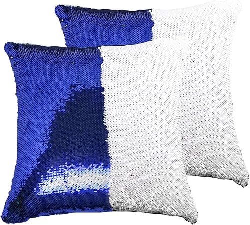 Fundas de almohada de lentejuelas de sublimación de 16 x 16 pulgadas, 2 fundas de almohada reversibles de lentejuelas azules para decoración de