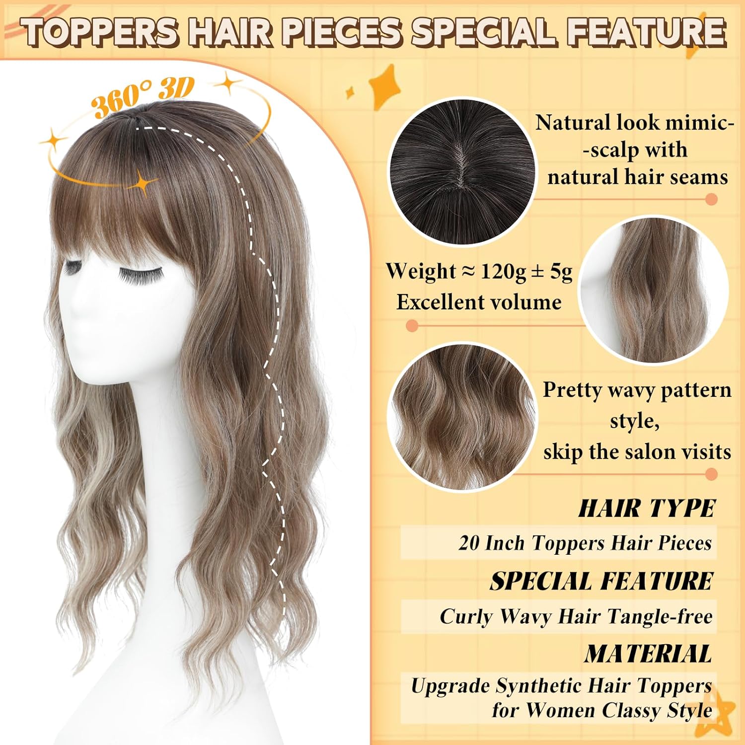Hair Toppers for Women, 20 Inch Toppers Hair pieces for Women with Thinning Hair Big Base Curly Wavy Wiglets Cover 360° 3D French Clip in Bangs (Highlights Brown with Dark Root)